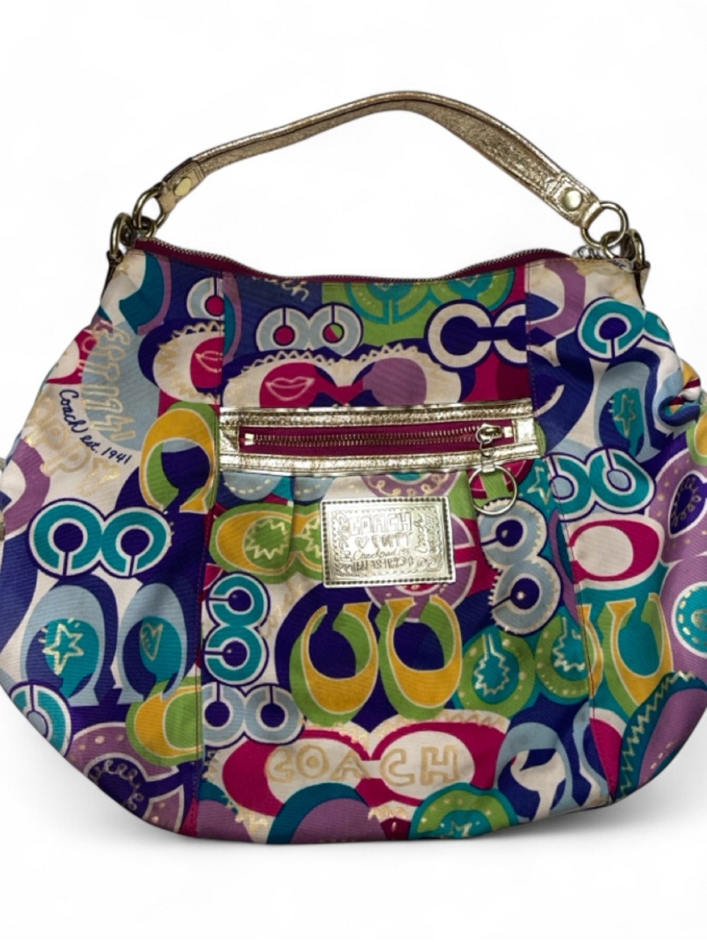 Coach Multicolor Patterned Shoulder Bag with Metallic Gold Handle